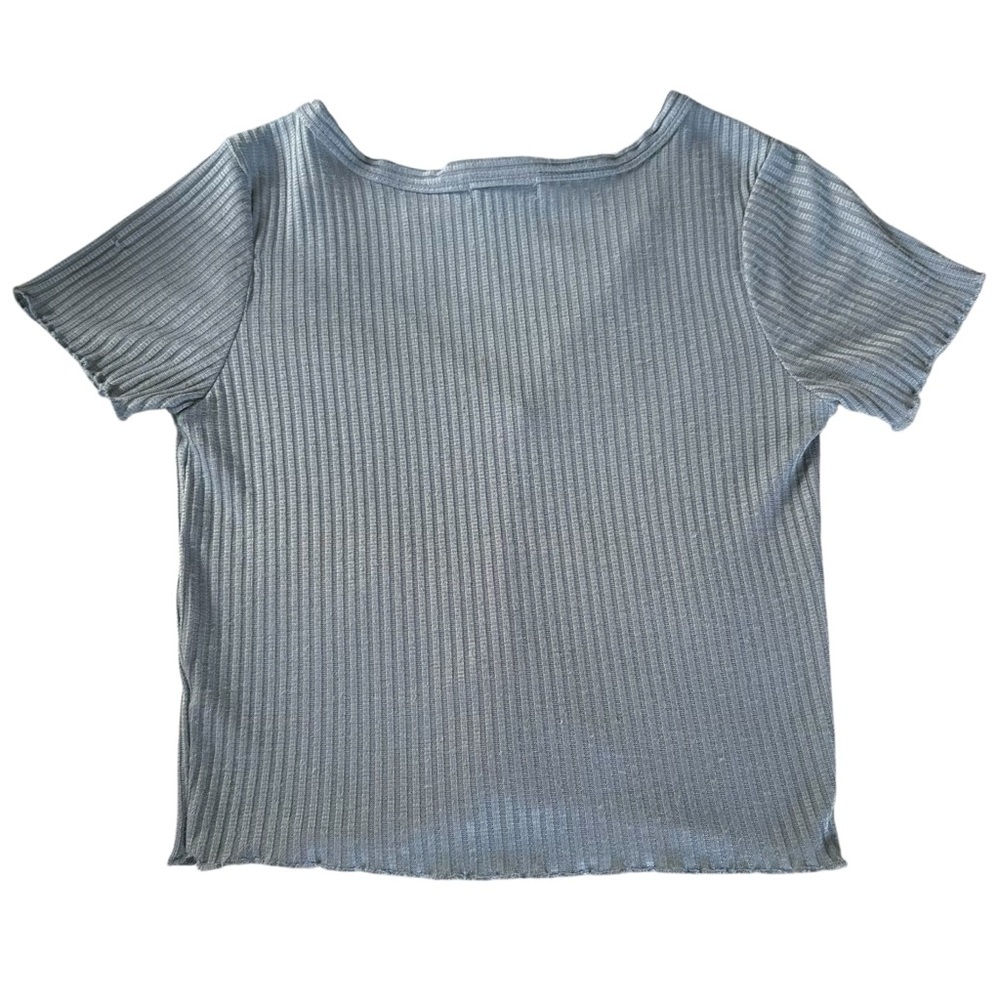 Streetwear Society Blue Ribbed Short Sleeve Cotton V Neck False Button Crop Top - Picture 5 of 10